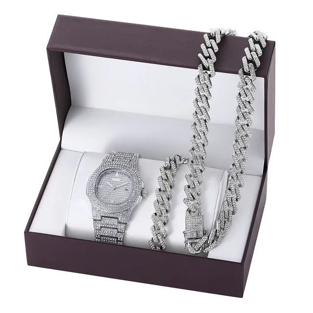 Diamond-Studded Necklace, Bracelet, and Quartz Watch Fashion Hip-hop Jewelry Set