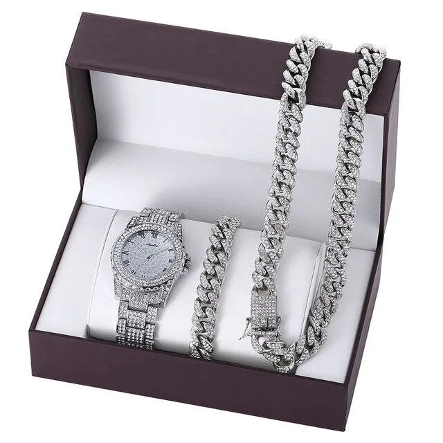 Diamond-Studded Necklace, Bracelet, and Quartz Watch Fashion Hip-hop Jewelry Set