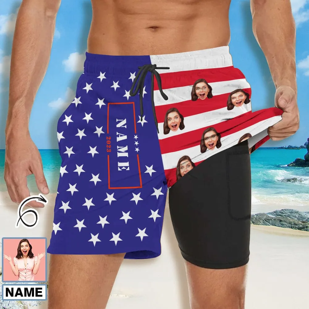 Custom Face&Name US Flag Star Men's Quick Dry 2 in 1 Surfing & Beach Shorts Male Gym Fitness Shorts