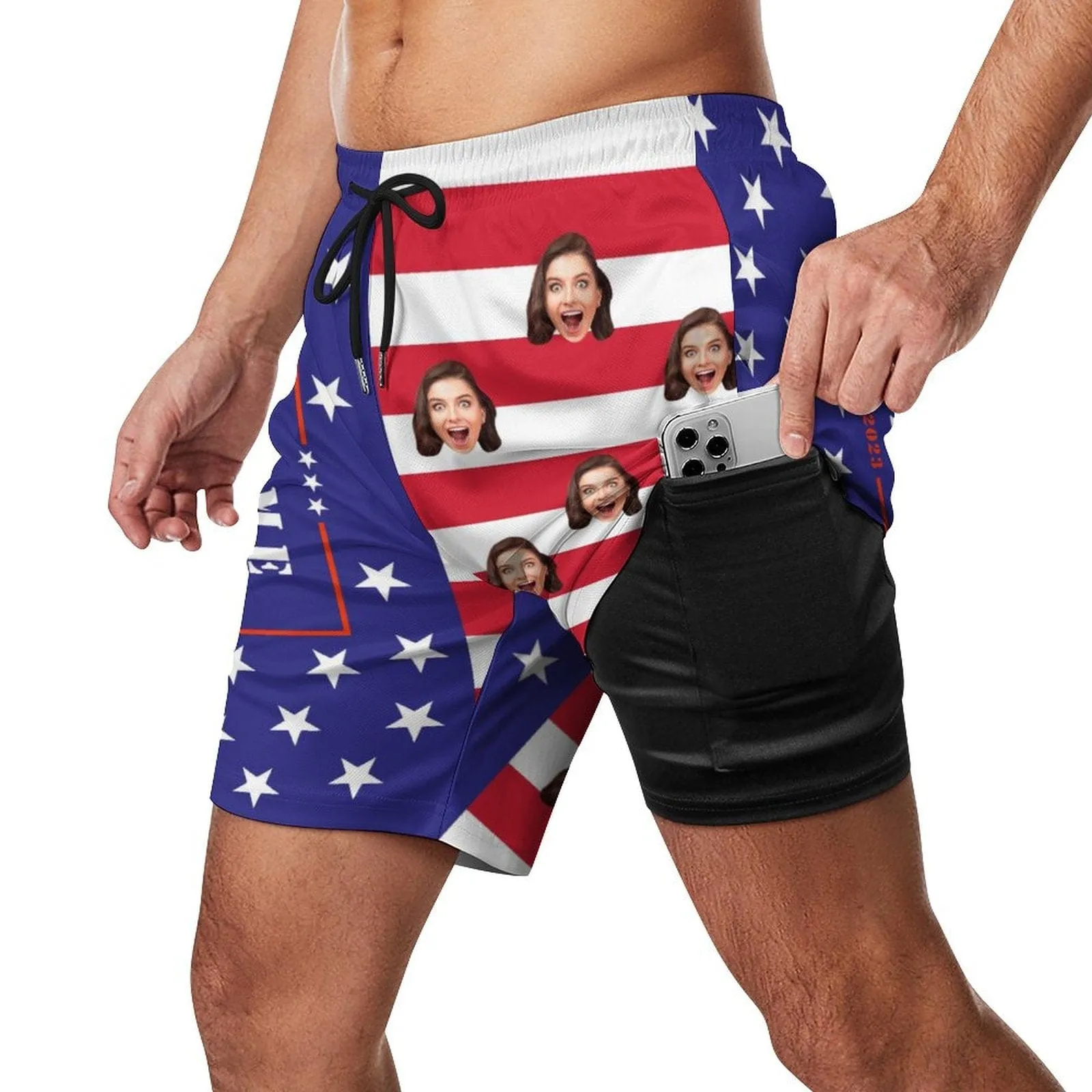 Custom Face&Name US Flag Star Men's Quick Dry 2 in 1 Surfing & Beach Shorts Male Gym Fitness Shorts