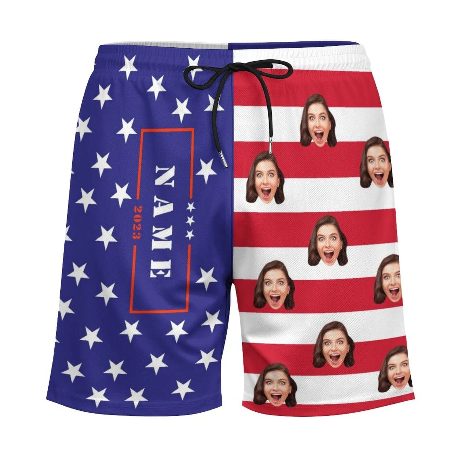 Custom Face&Name US Flag Star Men's Quick Dry 2 in 1 Surfing & Beach Shorts Male Gym Fitness Shorts