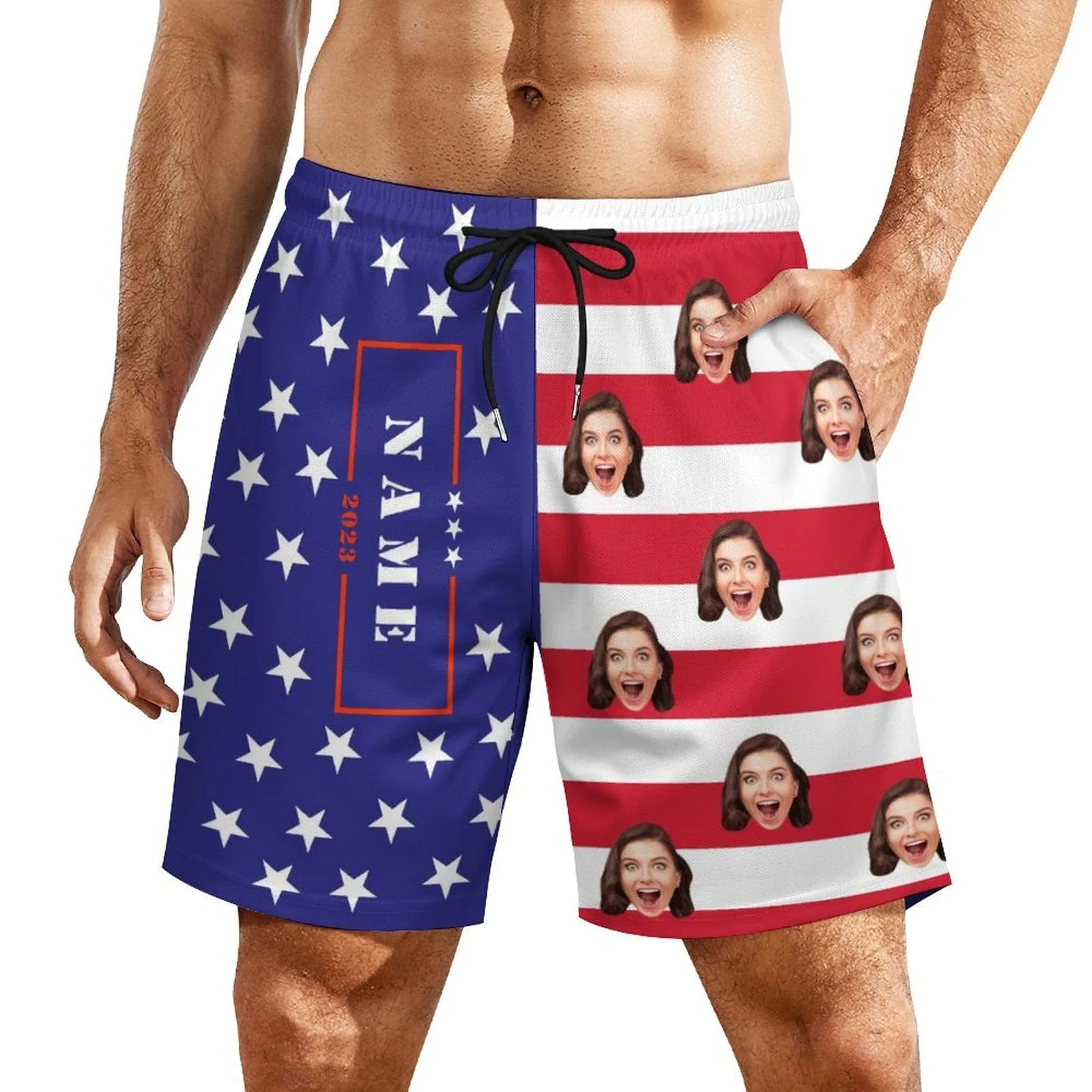 Custom Face&Name US Flag Star Men's Quick Dry 2 in 1 Surfing & Beach Shorts Male Gym Fitness Shorts