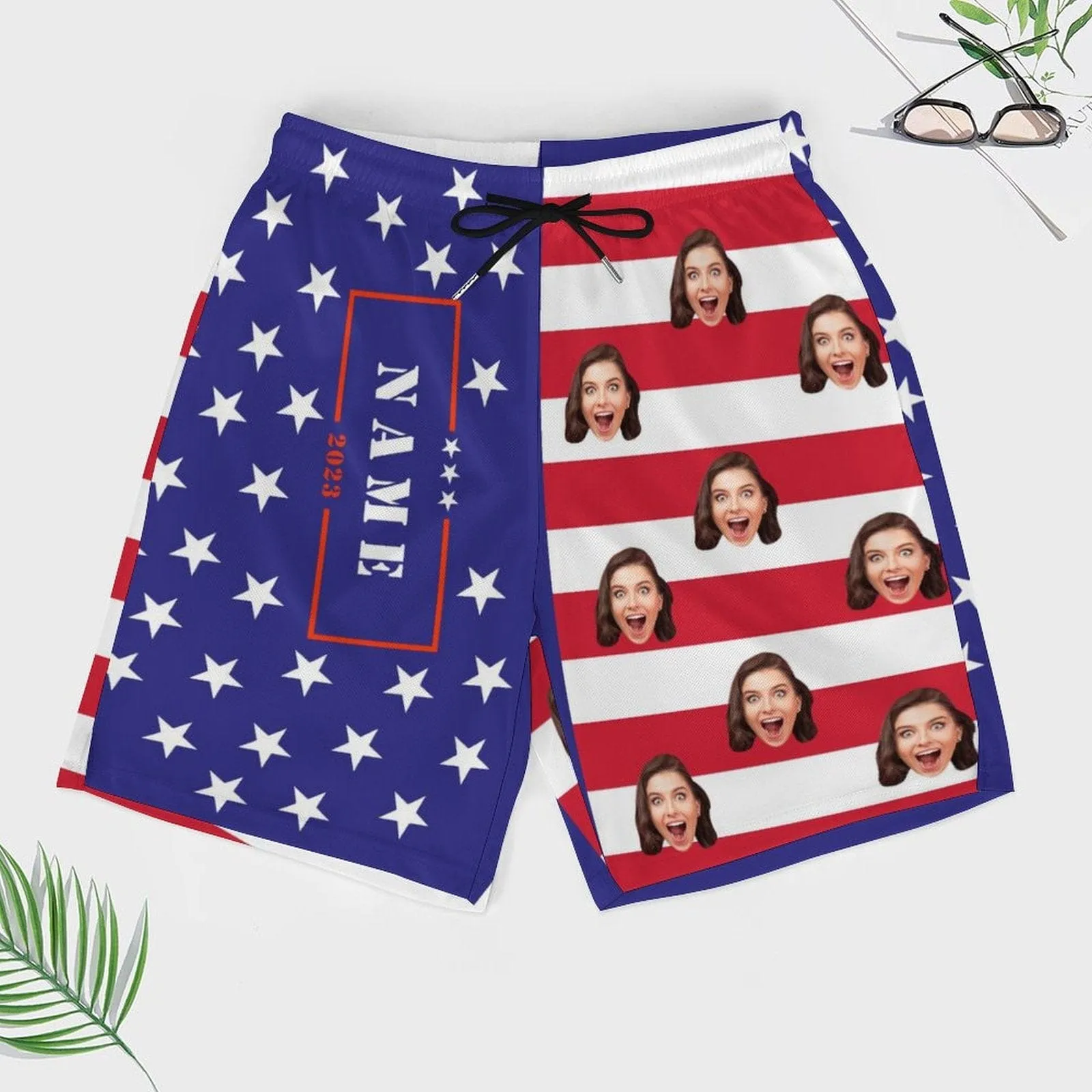 Custom Face&Name US Flag Star Men's Quick Dry 2 in 1 Surfing & Beach Shorts Male Gym Fitness Shorts