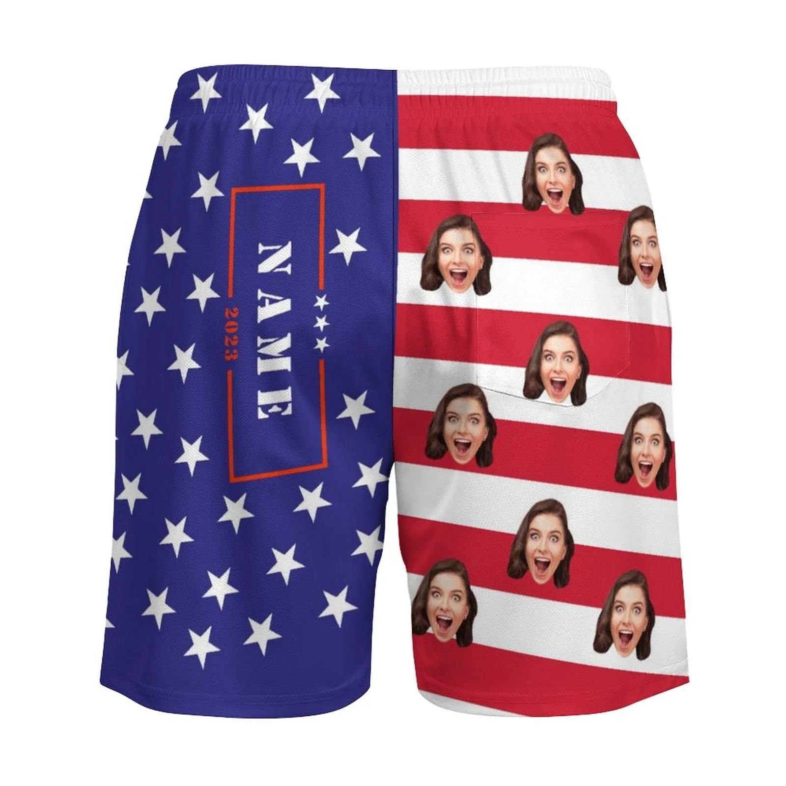 Custom Face&Name US Flag Star Men's Quick Dry 2 in 1 Surfing & Beach Shorts Male Gym Fitness Shorts