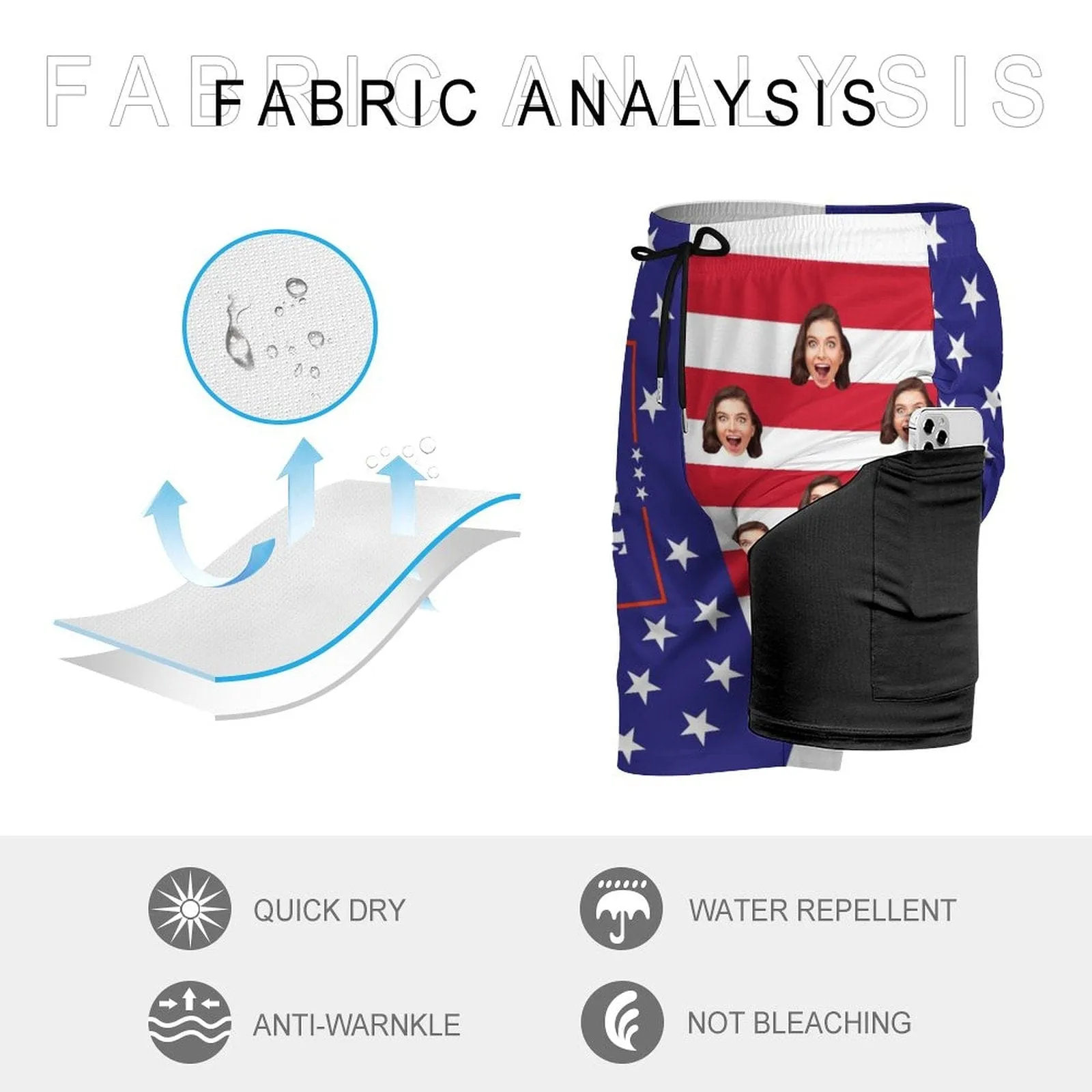 Custom Face&Name US Flag Star Men's Quick Dry 2 in 1 Surfing & Beach Shorts Male Gym Fitness Shorts