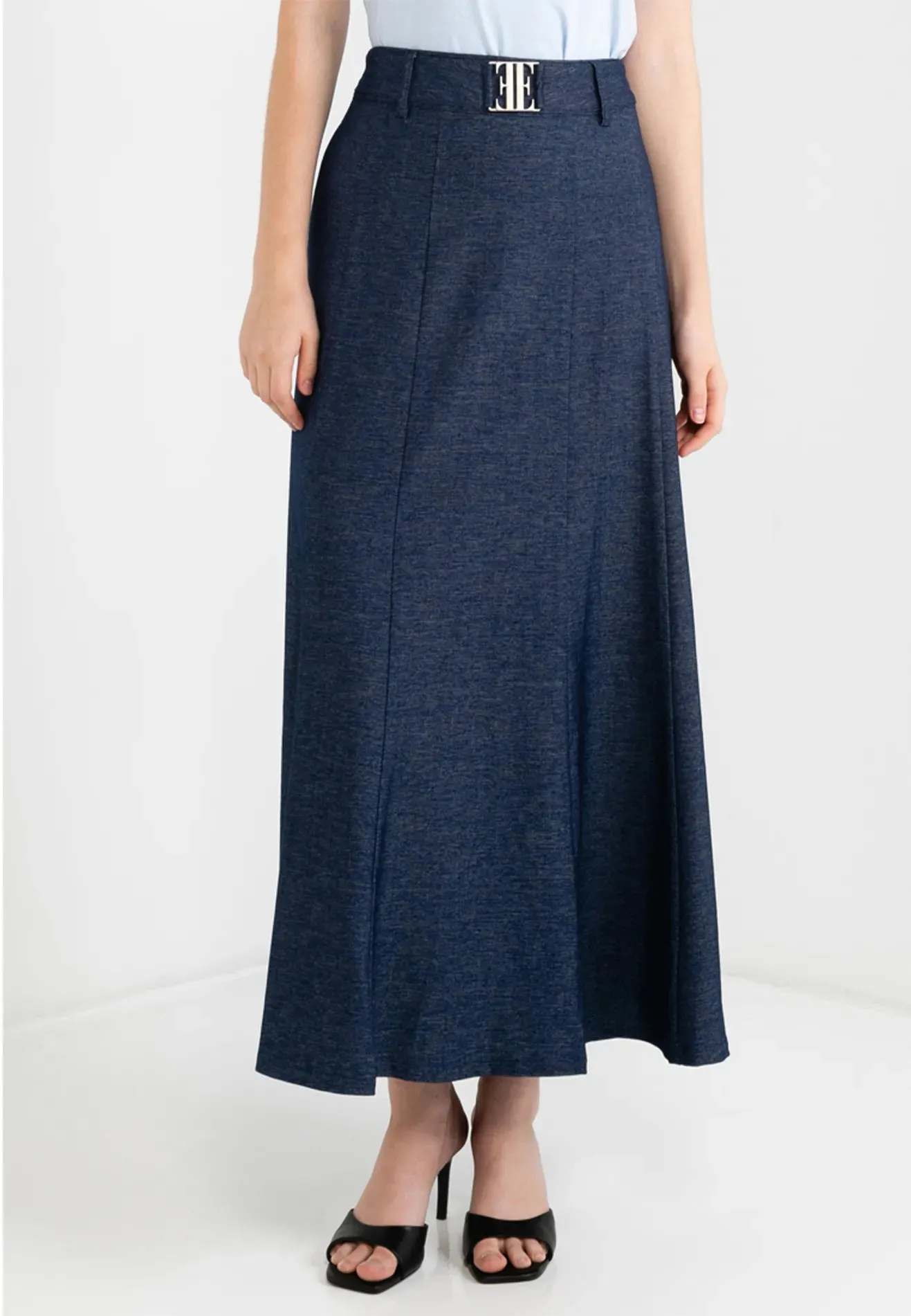 Denim Logo Belted Flare Maxi Skirt