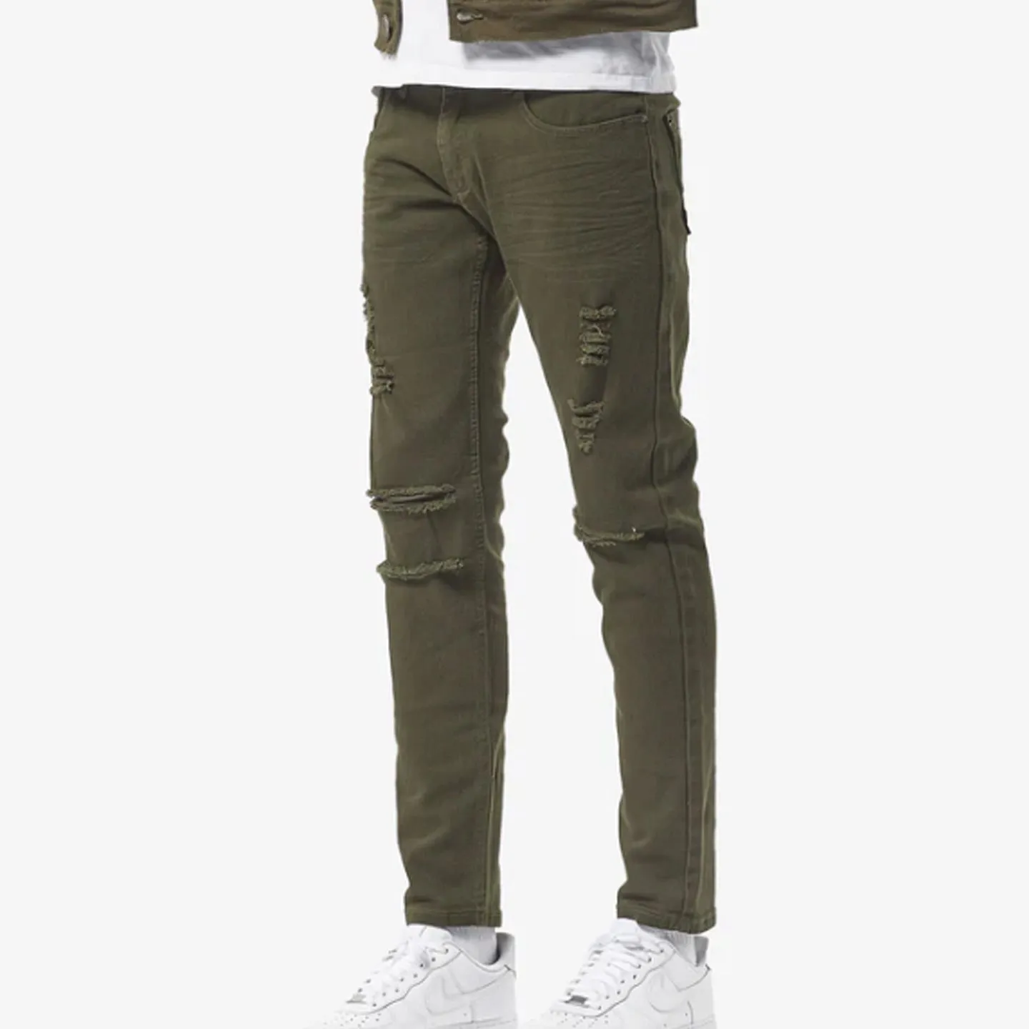 Copper Rivet Ripped Slim Jean (Olive)