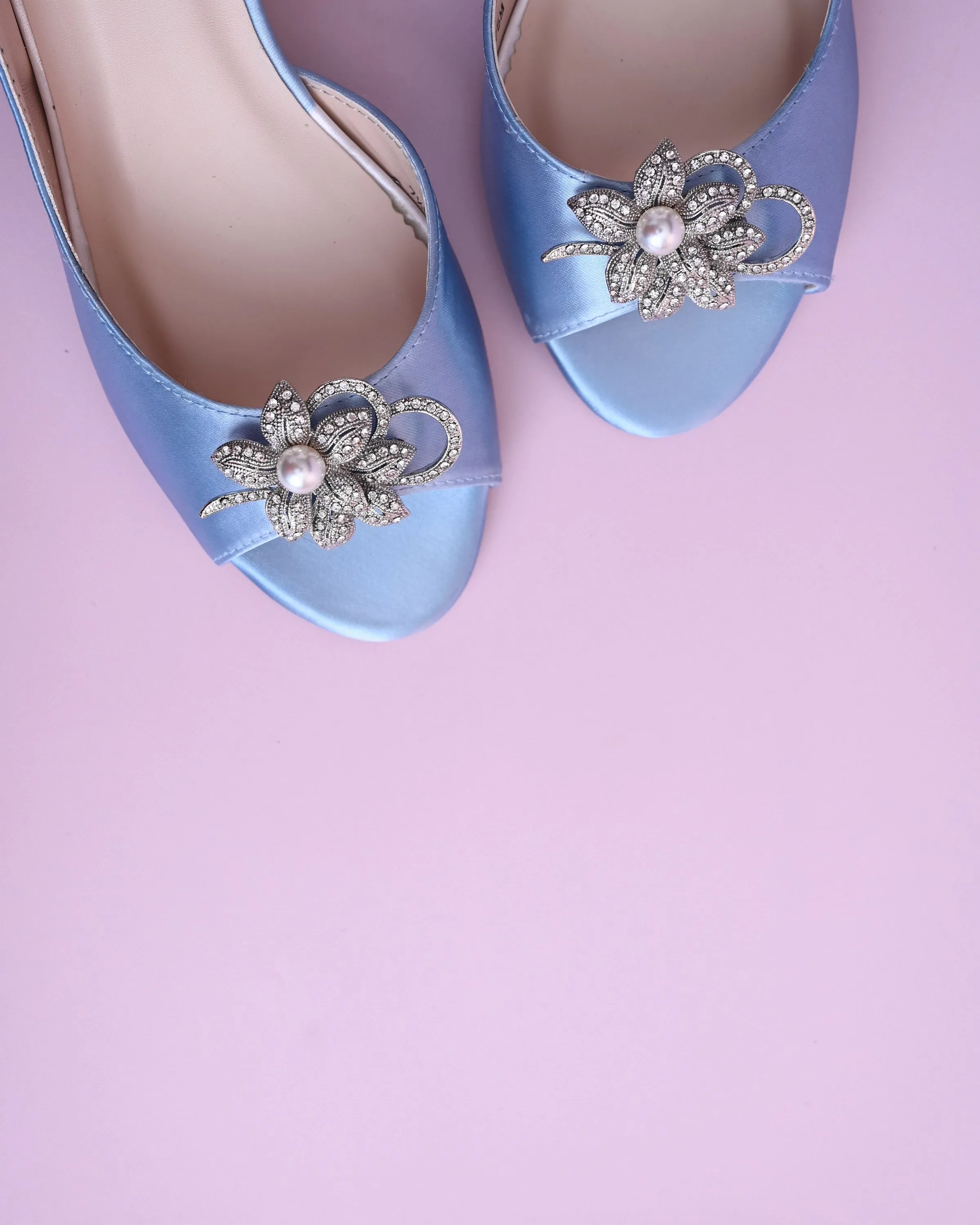 Joy Cornflower Blue Wedding Shoes with Looped Pearl Flower Adornment