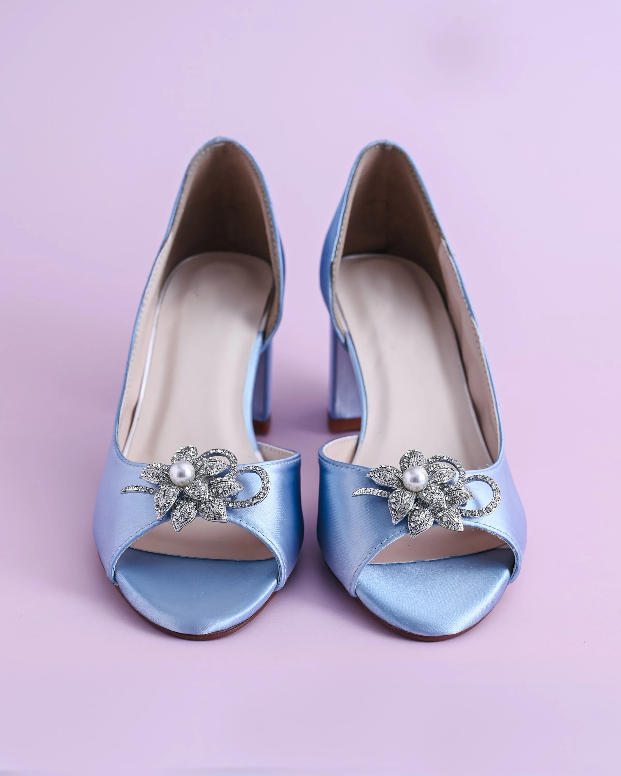 Joy Cornflower Blue Wedding Shoes with Looped Pearl Flower Adornment