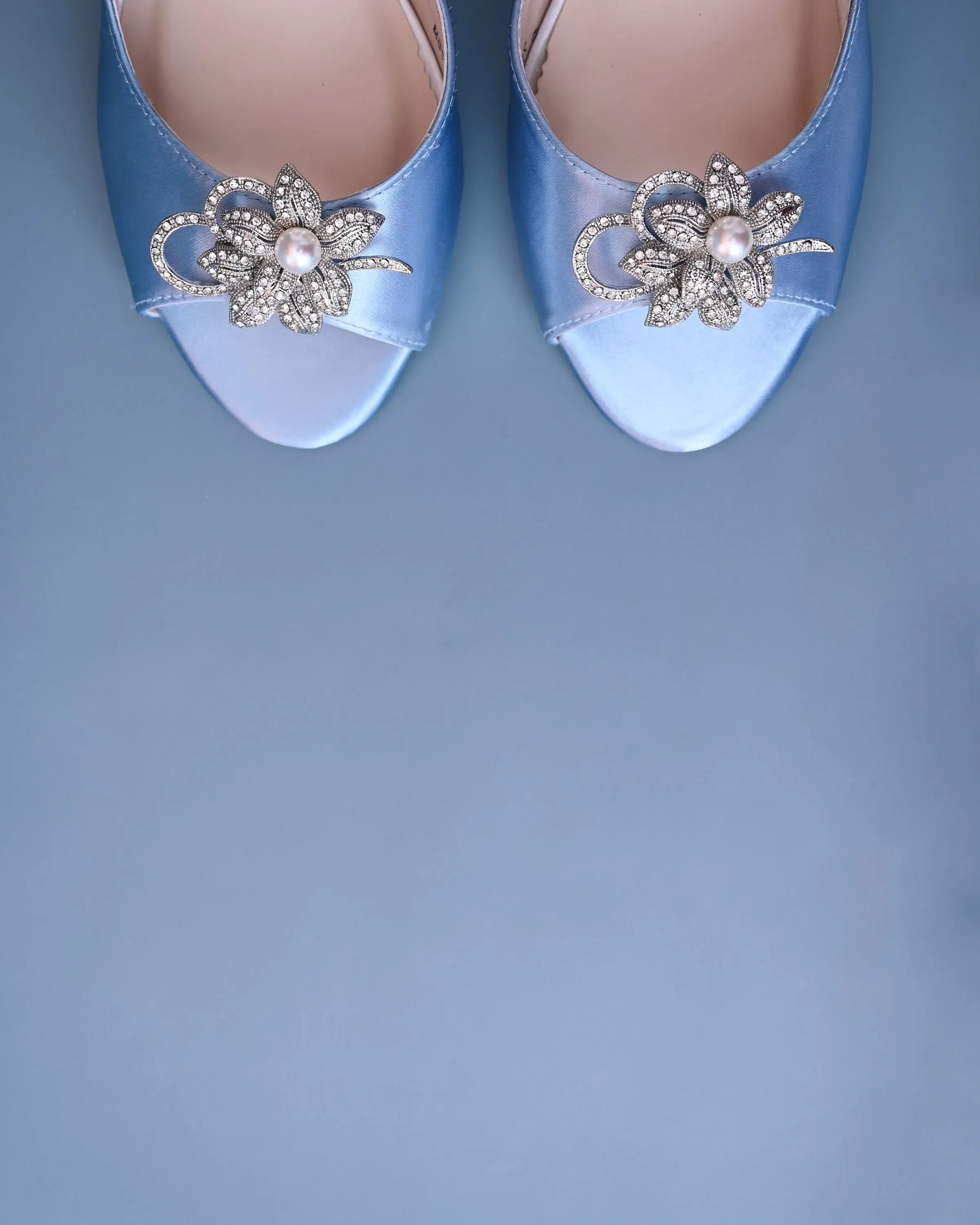 Joy Cornflower Blue Wedding Shoes with Looped Pearl Flower Adornment