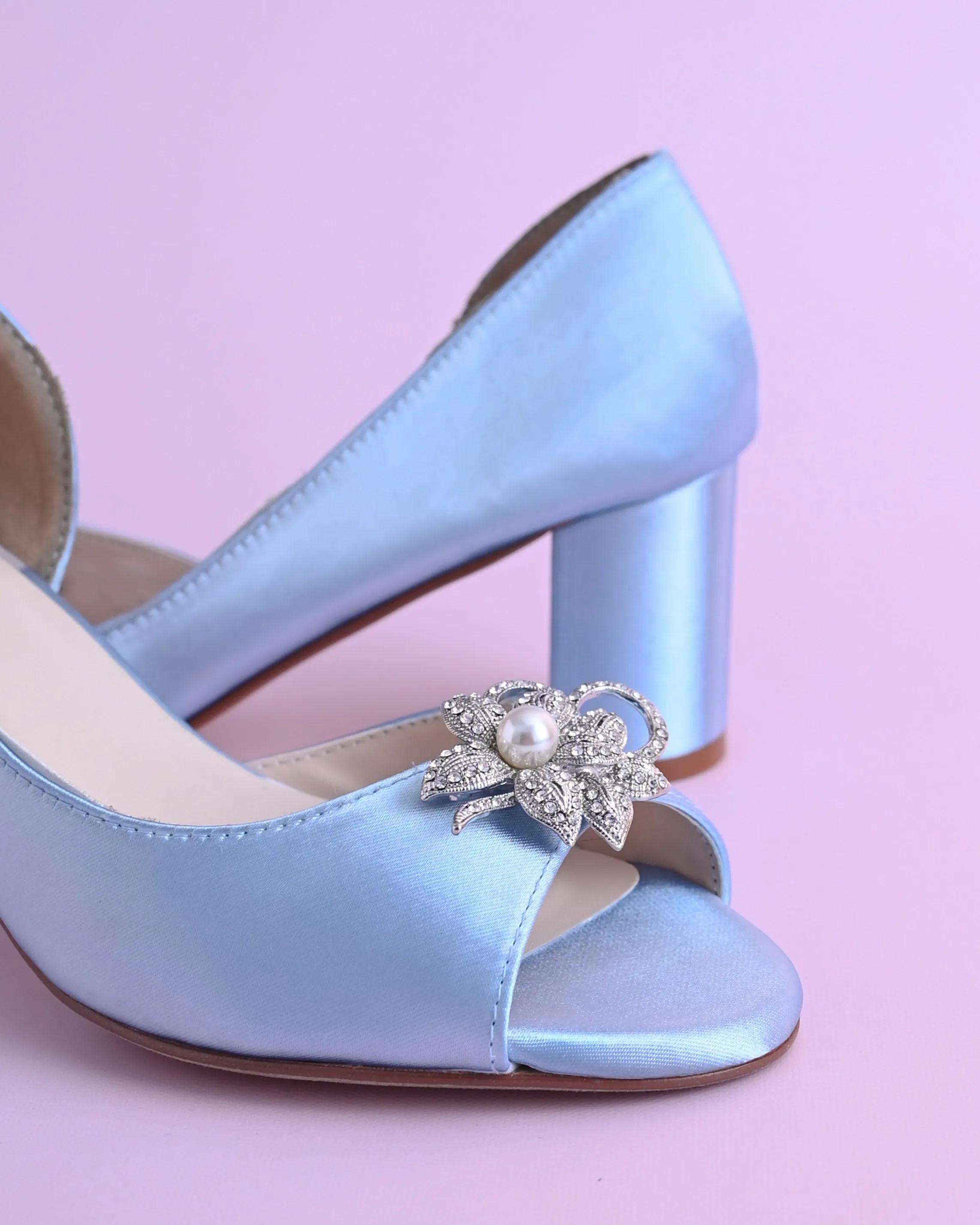 Joy Cornflower Blue Wedding Shoes with Looped Pearl Flower Adornment