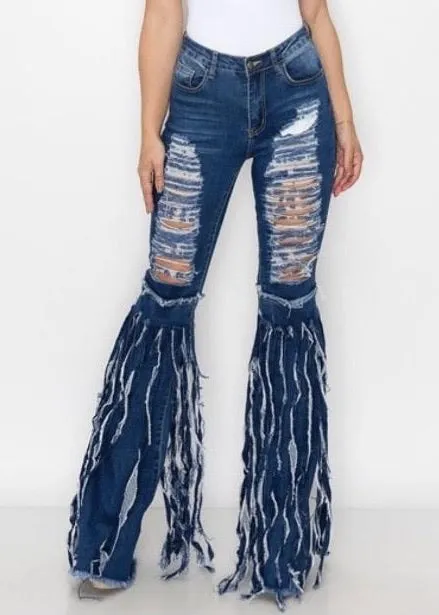 Banjul Rripped Bell-Bottom Denim Jeans (Dark Blue) BCPN42833