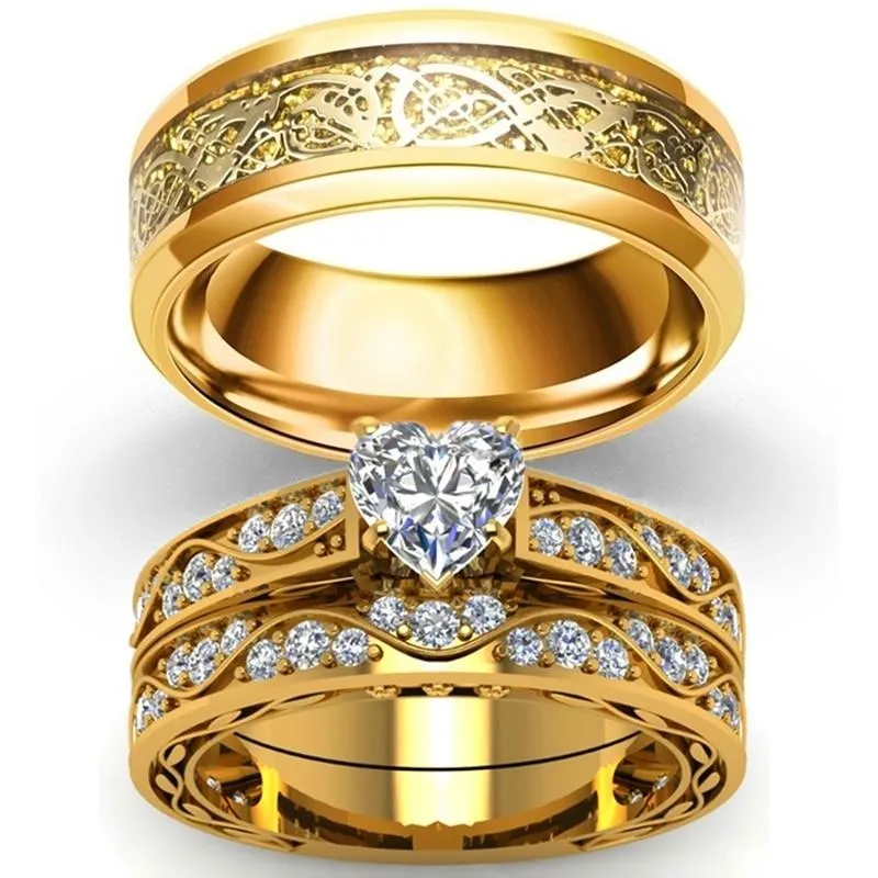 Gold Celtic Dragon Inlay and Heart Cubic Zirconia Stainless Steel Wedding Ring Set