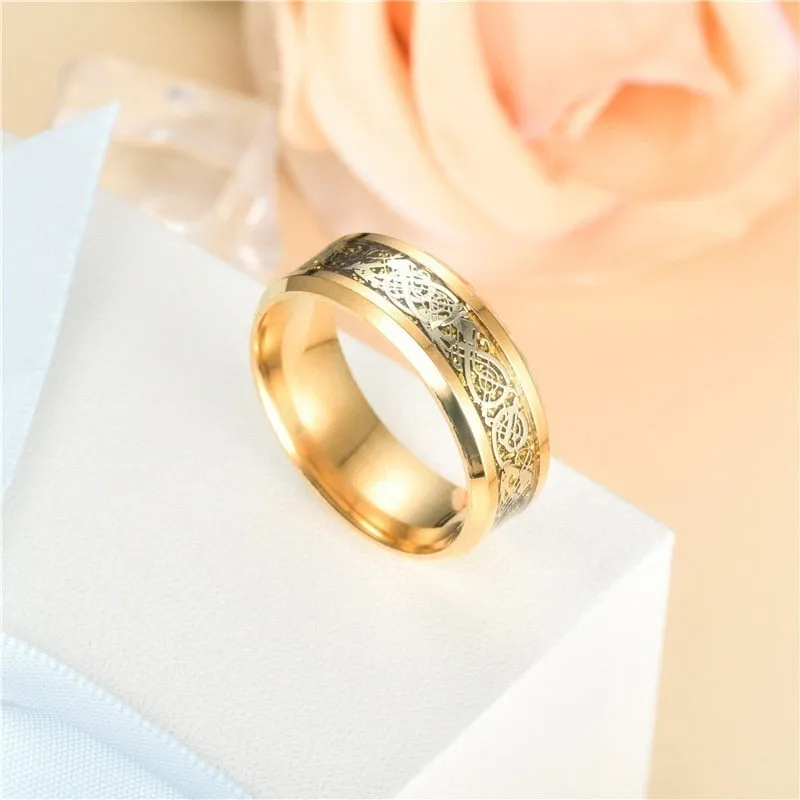 Gold Celtic Dragon Inlay and Heart Cubic Zirconia Stainless Steel Wedding Ring Set