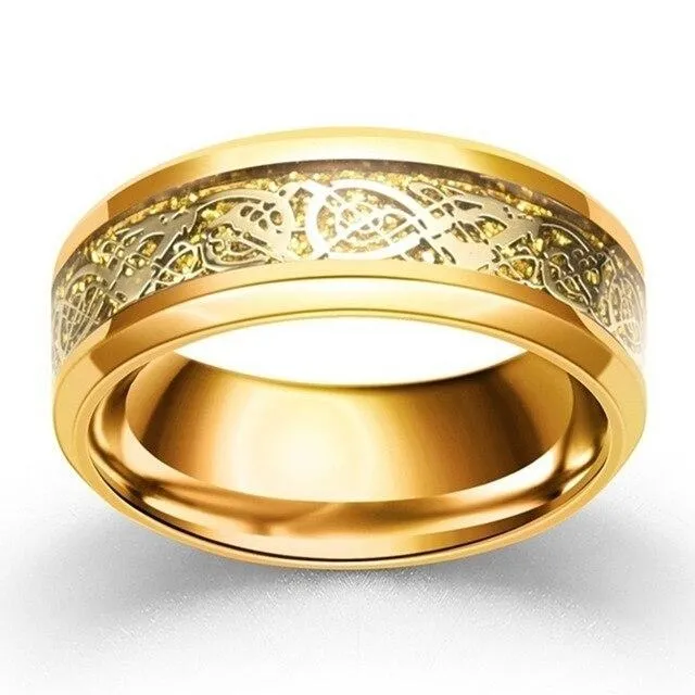 Gold Celtic Dragon Inlay and Heart Cubic Zirconia Stainless Steel Wedding Ring Set