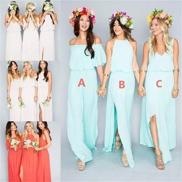 Chiffon Cheap Long Pretty Young Mint Mismatched Side Split Bridesmaid Dresses