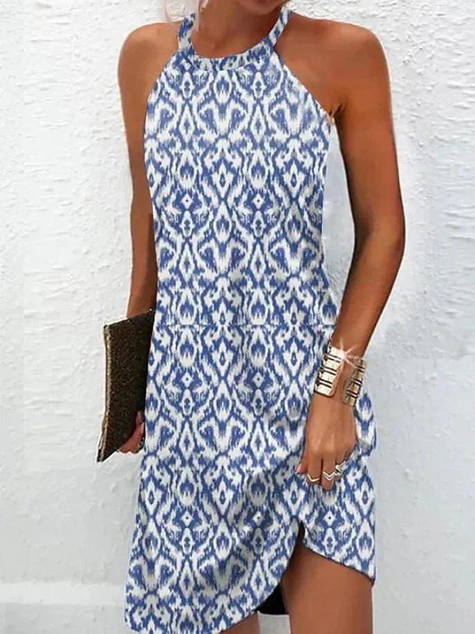 Blue Ombre Marble Print Halter Neck Mini Dress