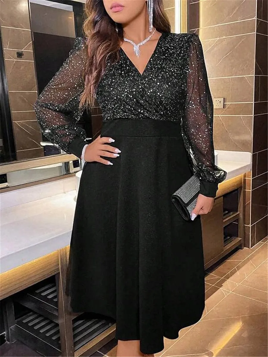 Elegant Plus Size Black Sequin Midi Dress for Women