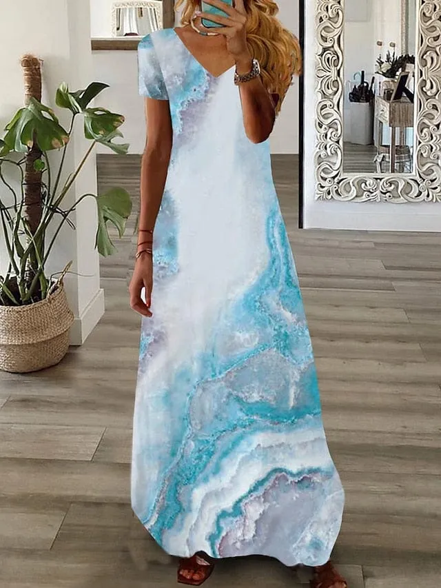 Ombre Marble Print Maxi Dress with Split V-Neck