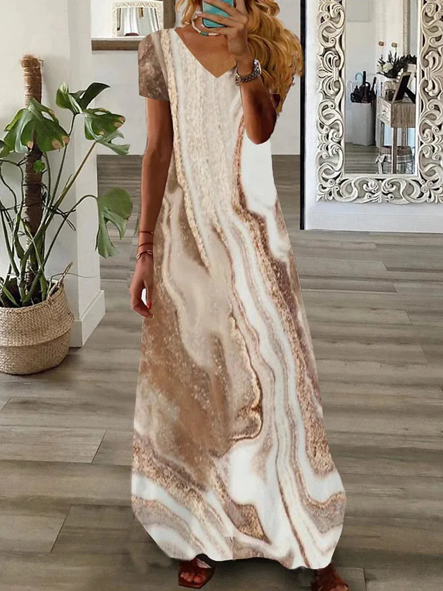 Ombre Marble Print Maxi Dress with Split V-Neck