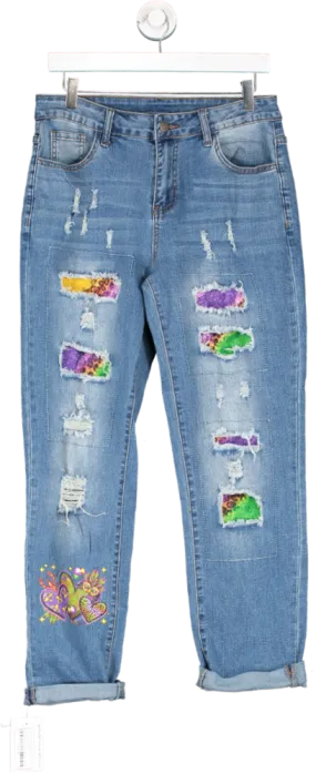 Evaless Blue Madi Gras Carnival Heart Print Ripped Patchwork Casual Jeans UK 8