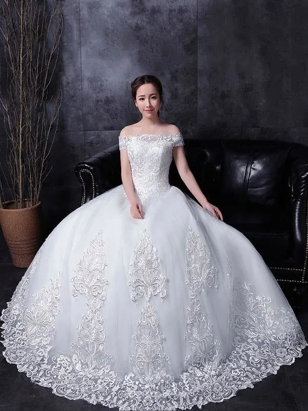 White Wedding Dresses Lace Off Shoulder Short Sleeve Lace Applique Floor Length Bridal Dress