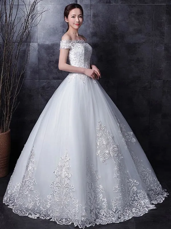 White Wedding Dresses Lace Off Shoulder Short Sleeve Lace Applique Floor Length Bridal Dress