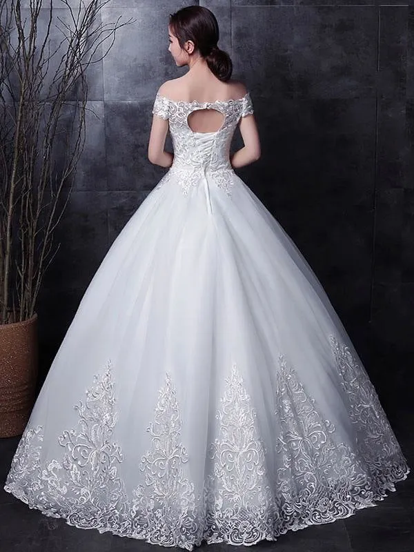 White Wedding Dresses Lace Off Shoulder Short Sleeve Lace Applique Floor Length Bridal Dress