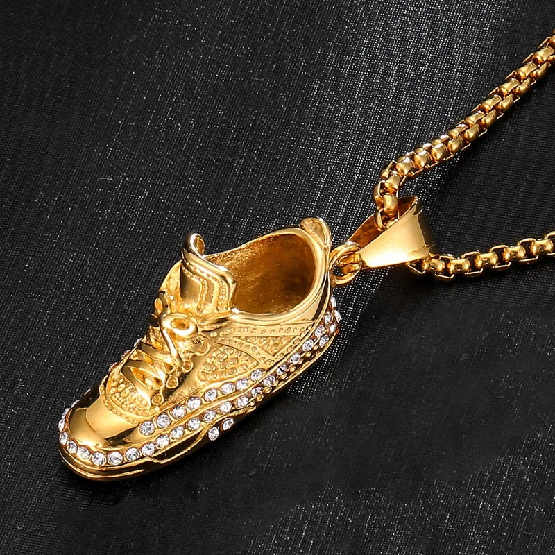 Gemstone-Studded Gold-Plated Shoe Bling 316L Stainless Steel Hip-hop Pendant Necklace