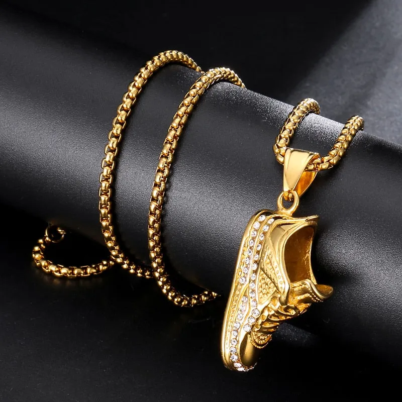 Gemstone-Studded Gold-Plated Shoe Bling 316L Stainless Steel Hip-hop Pendant Necklace