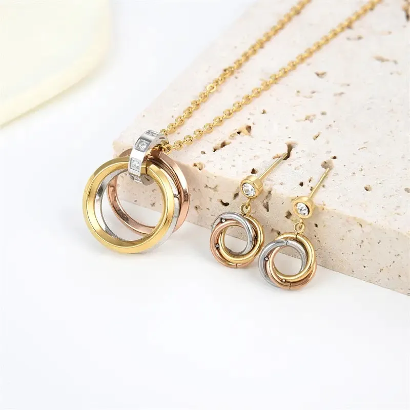 Fashion Stainless Steel Necklace Neutral Three-Ring Diamond Studded Hip Hop Earrings Niche Design Pendant Fashion Jewelry Sets