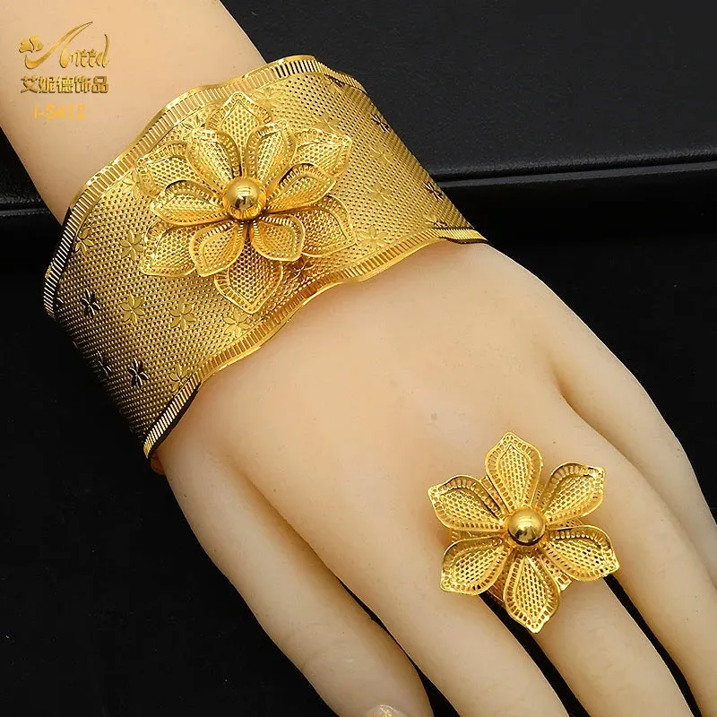 Fashion Dubai Gold Color Luxury Flower Bangle & Ring For Women S4830552