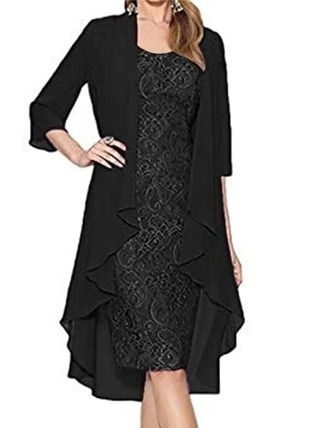 Elegant Two-Piece Lace Chiffon Midi Dress Set for Women