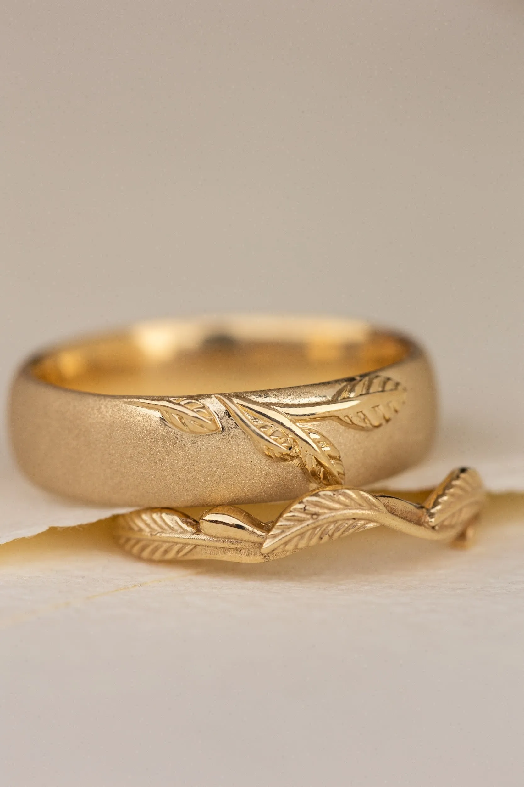 Wedding rings set for couples: satin band with branch for him, curved twig ring Azalea for her