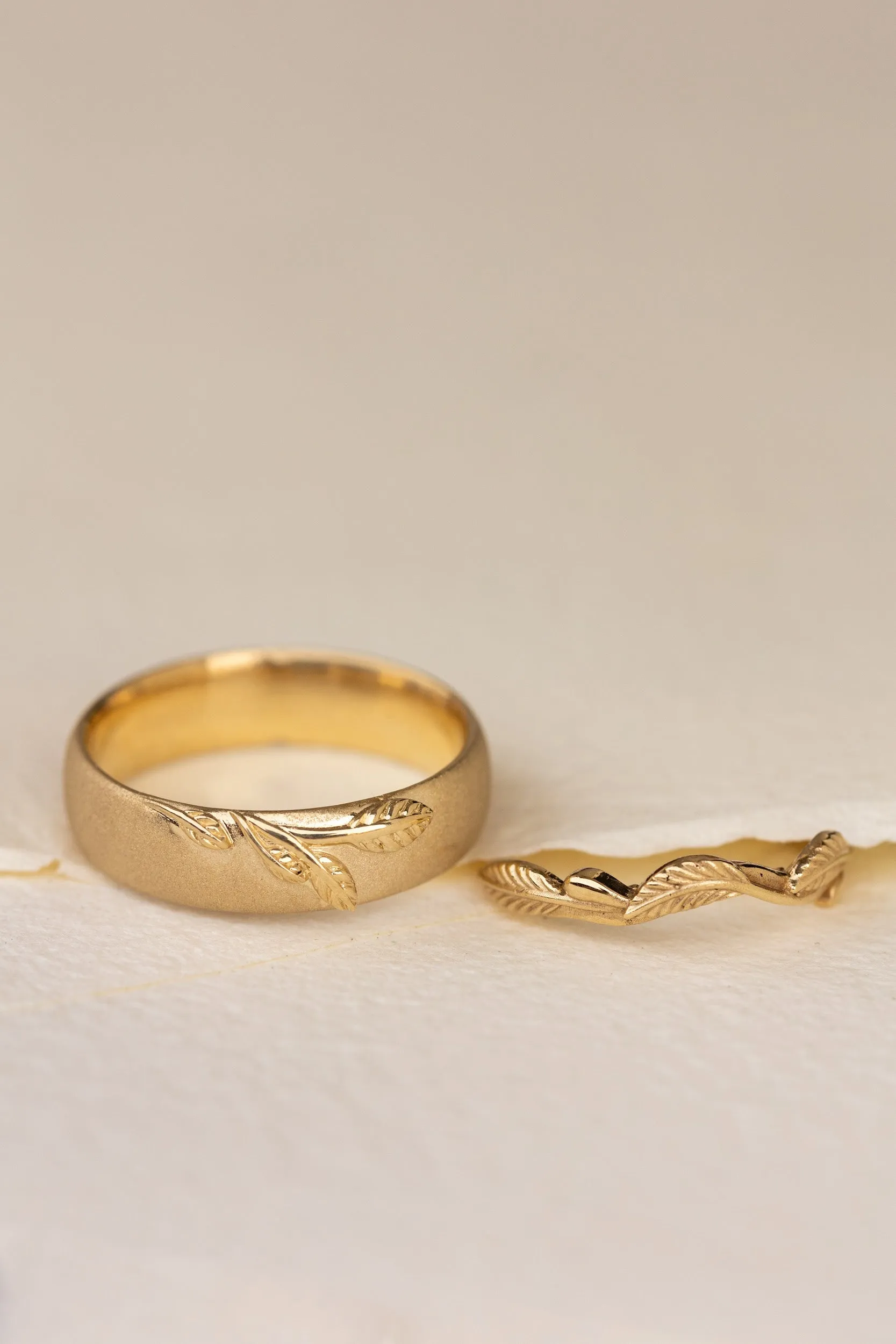 Wedding rings set for couples: satin band with branch for him, curved twig ring Azalea for her