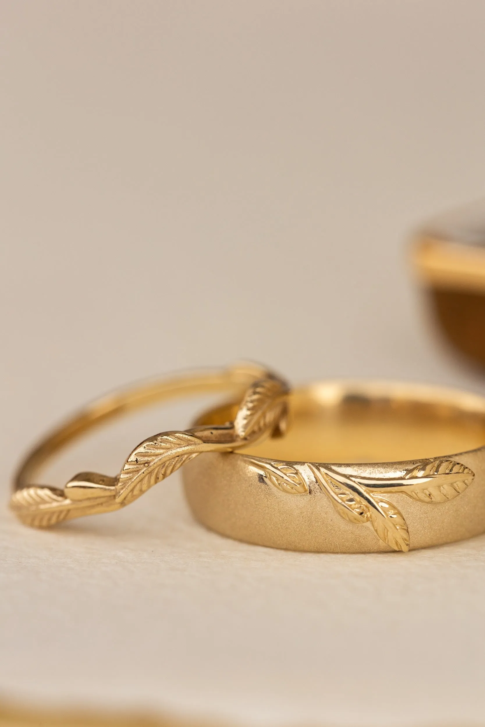 Wedding rings set for couples: satin band with branch for him, curved twig ring Azalea for her