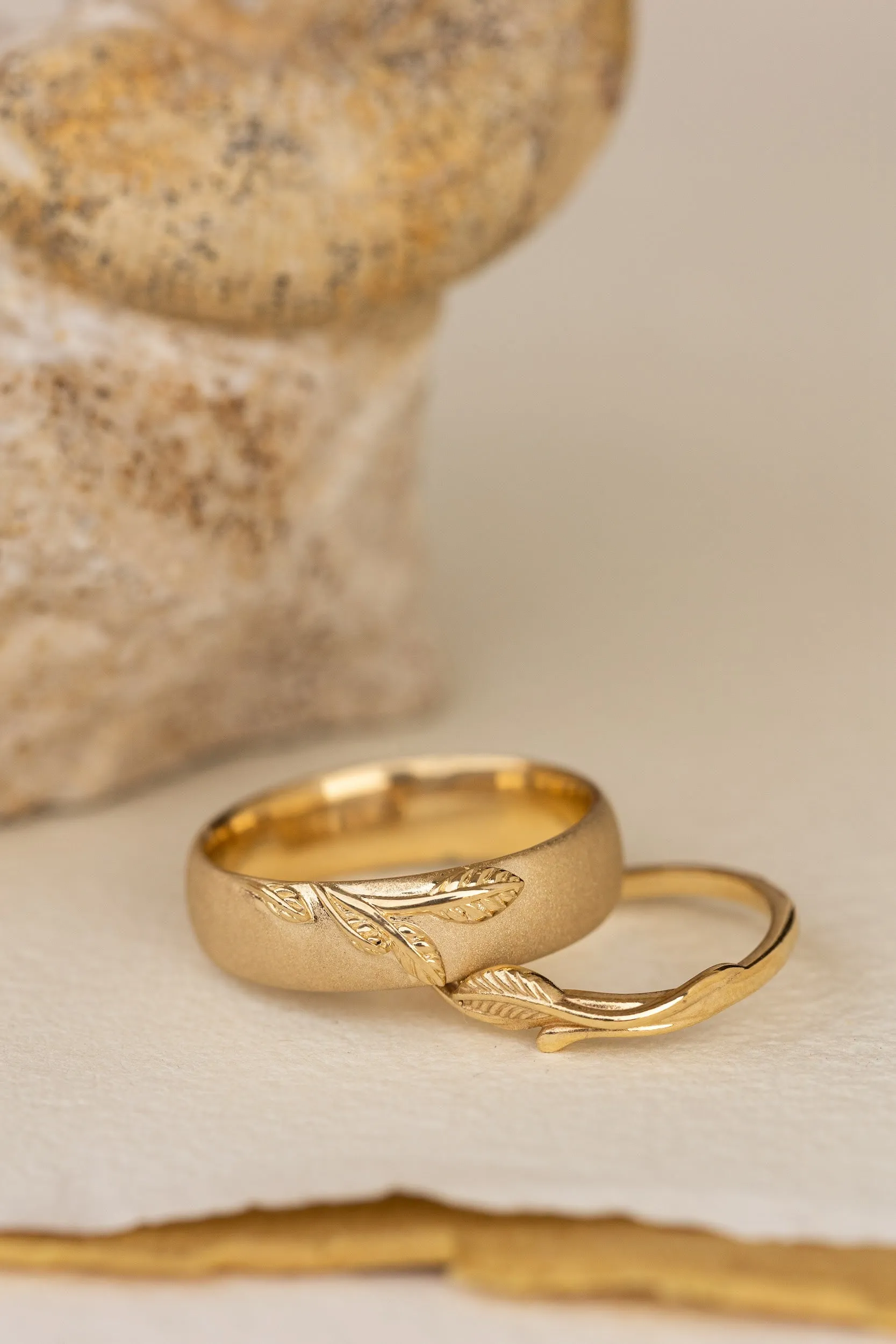 Wedding rings set for couples: satin band with branch for him, curved twig ring Azalea for her