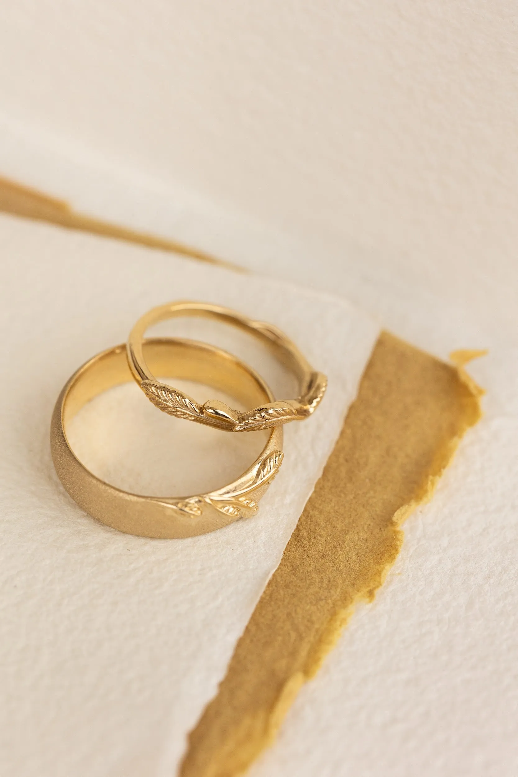 Wedding rings set for couples: satin band with branch for him, curved twig ring Azalea for her