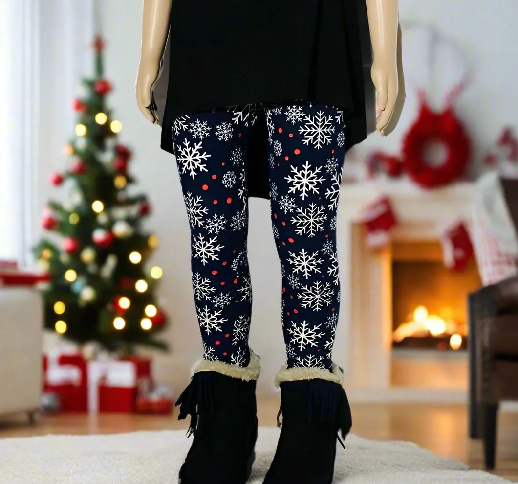 Girl Christmas Snowflake Leggings, Kids Yoga Pants, Sizes S/L, No-Roll Waist, Black/White