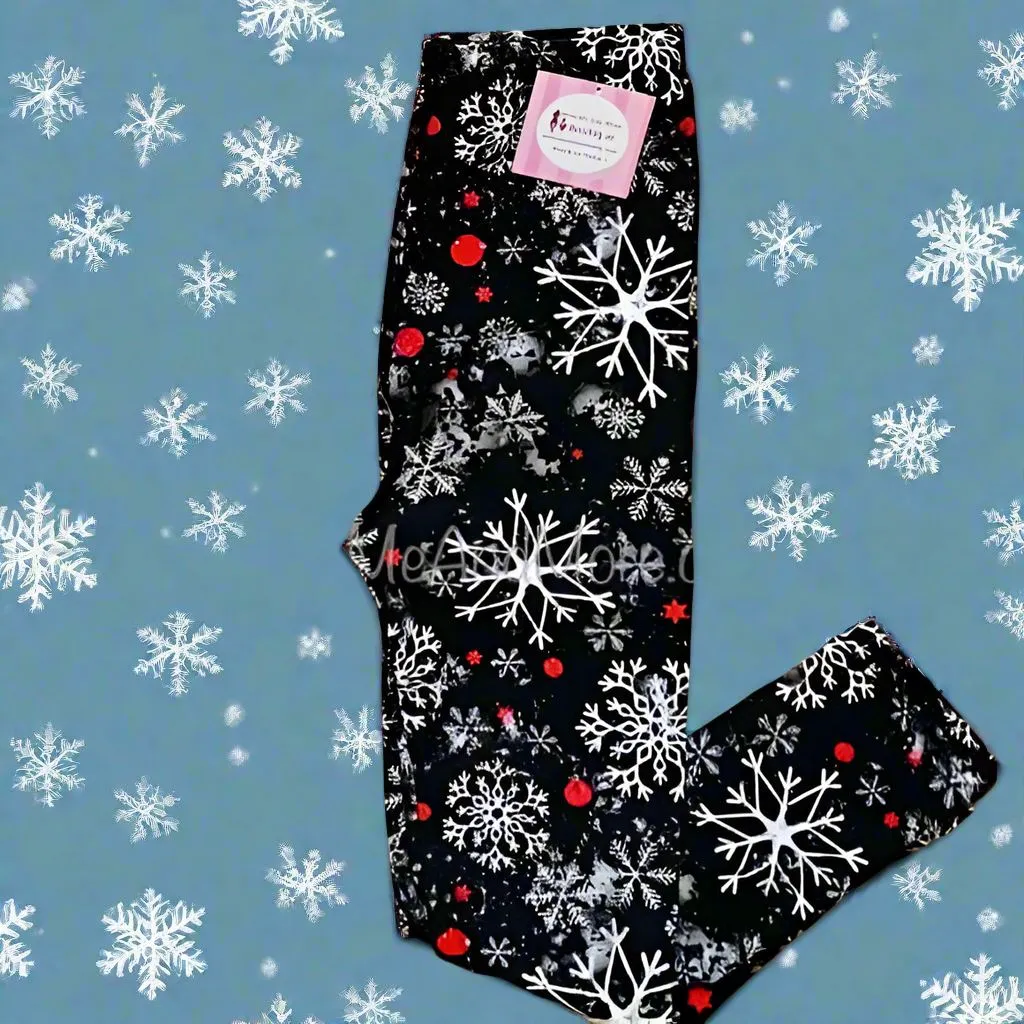 Girl Christmas Snowflake Leggings, Kids Yoga Pants, Sizes S/L, No-Roll Waist, Black/White