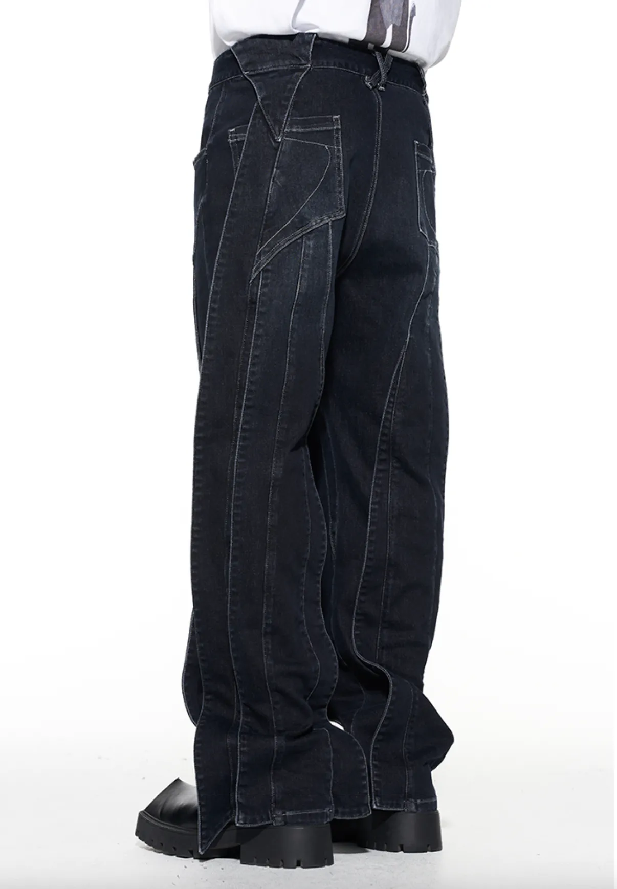 MULTI-LAYERED PANELS BAGGY DENIM JEANS - BLACK