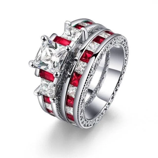 Red Koa Wood Inlay and White/Red Cubic Zirconia Stainless Steel Wedding Ring Set