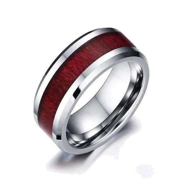 Red Koa Wood Inlay and White/Red Cubic Zirconia Stainless Steel Wedding Ring Set