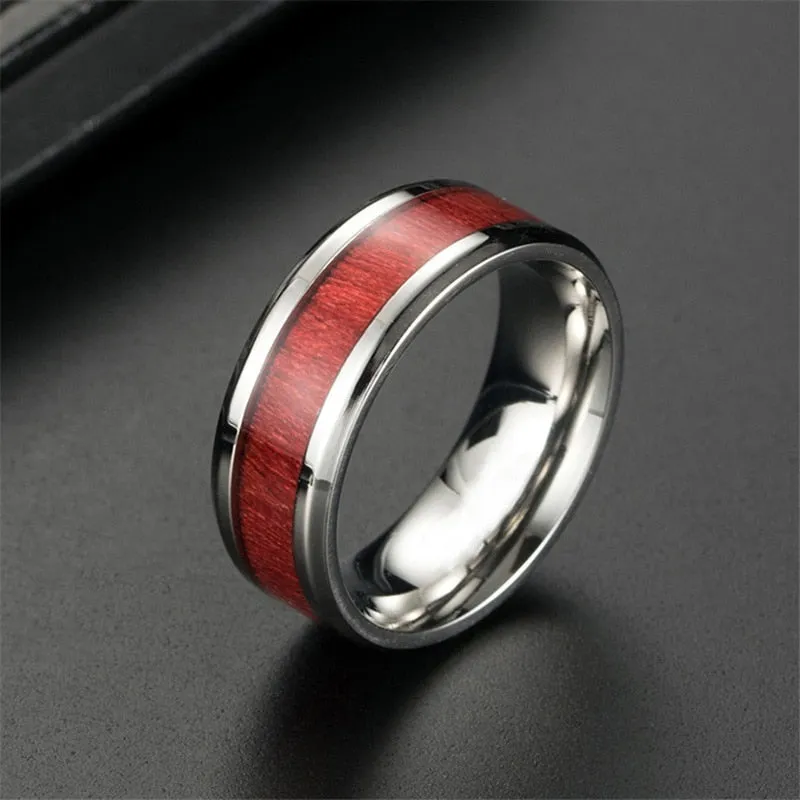 Red Koa Wood Inlay and White/Red Cubic Zirconia Stainless Steel Wedding Ring Set