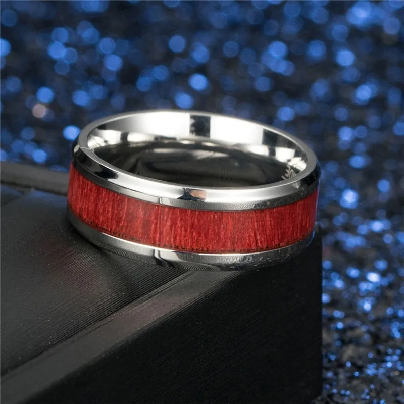 Red Koa Wood Inlay and White/Red Cubic Zirconia Stainless Steel Wedding Ring Set