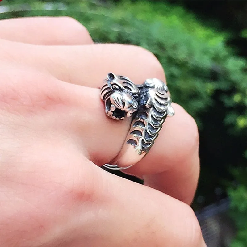 Gothic Two Black Tiger Heads 925 Sterling Silver Vintage Ring