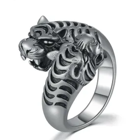 Gothic Two Black Tiger Heads 925 Sterling Silver Vintage Ring