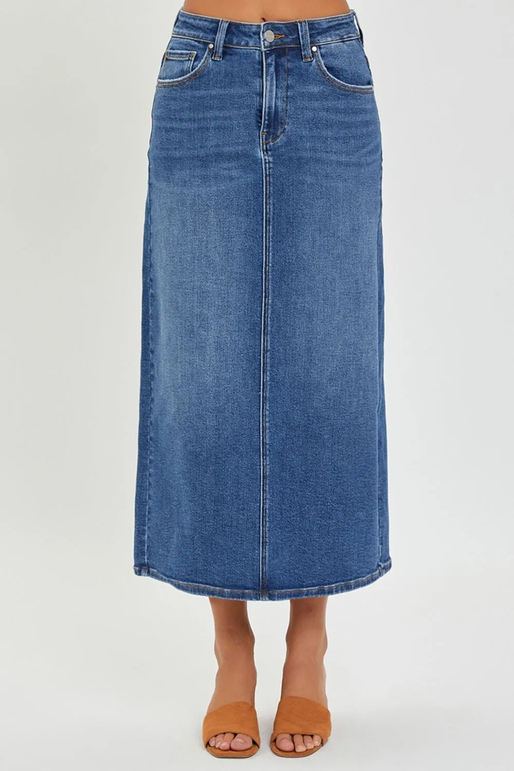 Dark Denim High Rise Back Slit Skirt