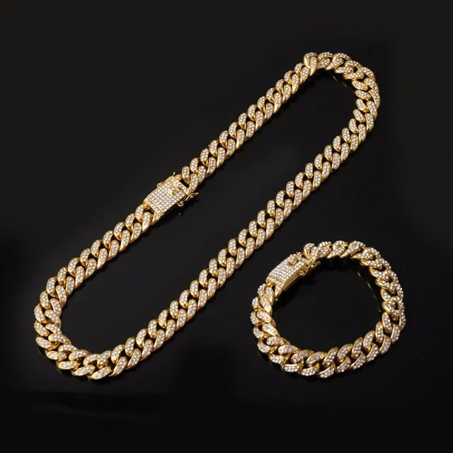 1Set 13MM Full Iced Out Paved Rhinestones Cuban Chain CZ Set For Men