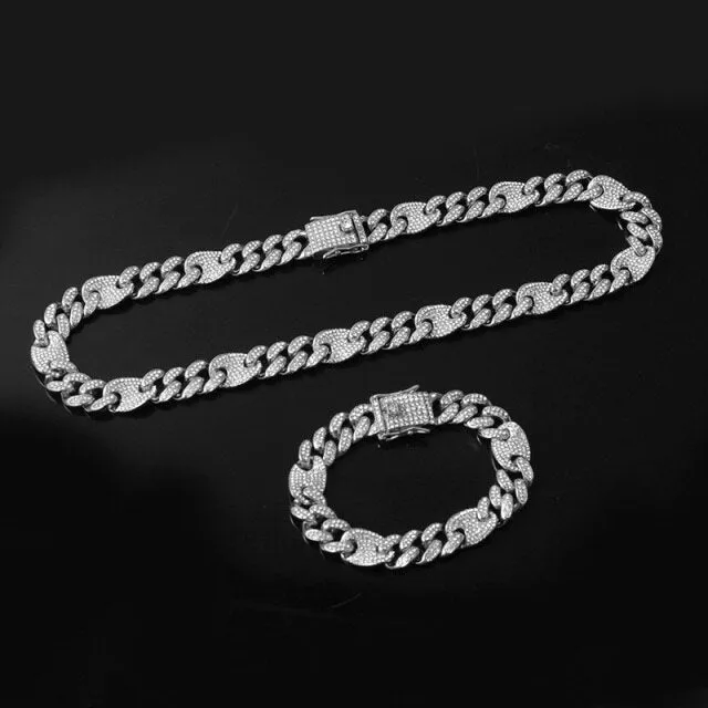 1Set 13MM Full Iced Out Paved Rhinestones Cuban Chain CZ Set For Men